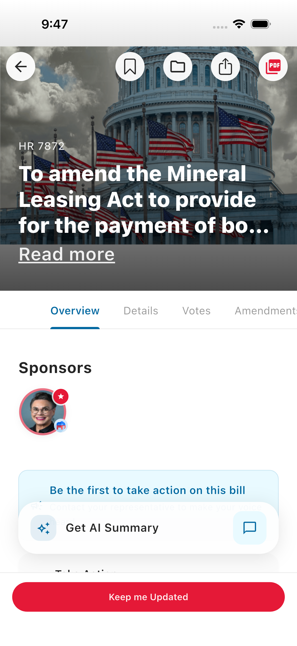 CivicBeacon bill detail screen showing sponsors, AI summary, and action buttons