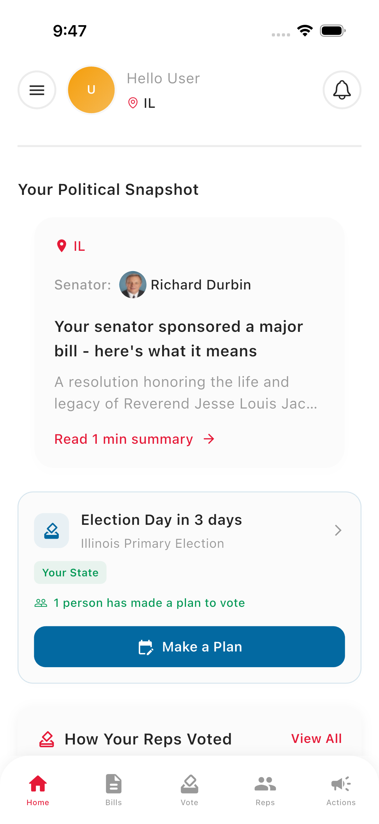 CivicBeacon home screen showing your senator's latest sponsored bills and election countdown