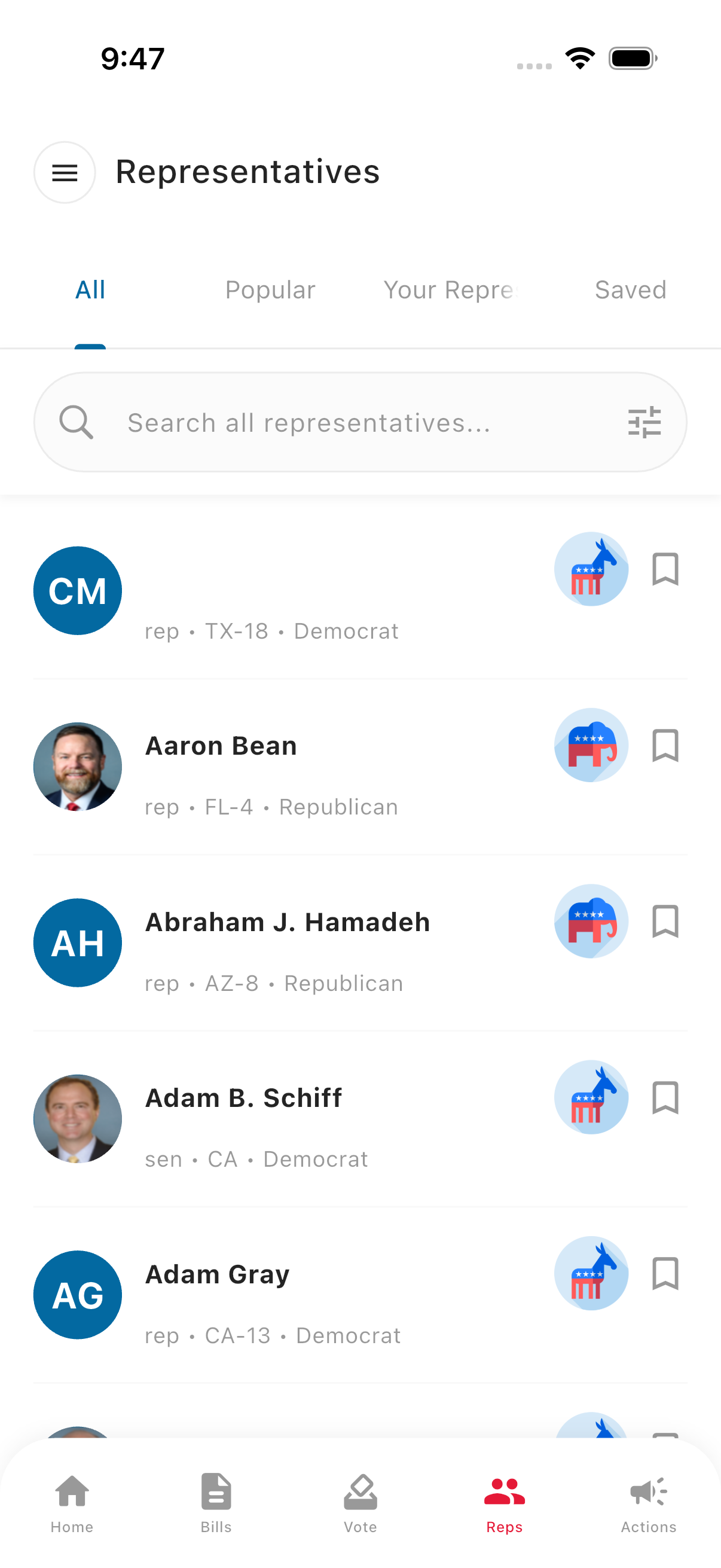 CivicBeacon representatives list showing real members of Congress